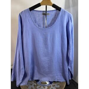 FLAX 100% Linen Boxy Top Periwinkle Lagenlook Oversized Blouse Womens M